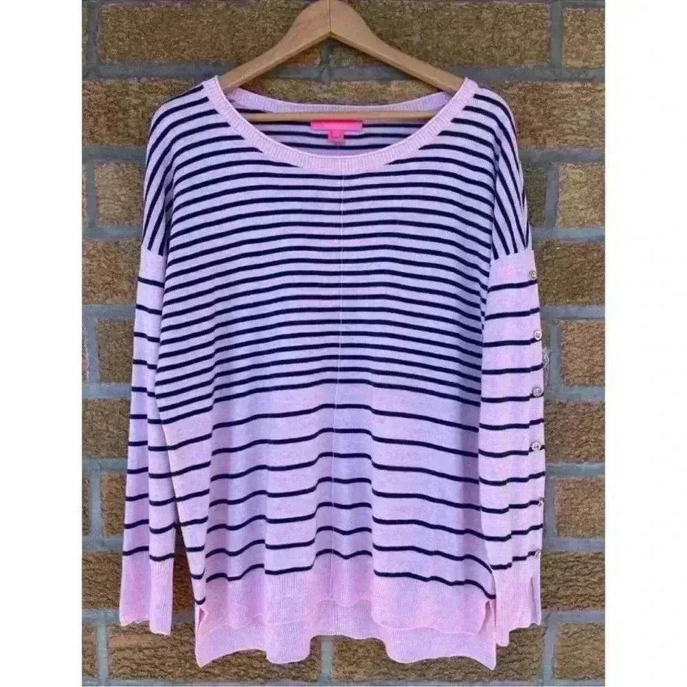 LILLY PULITZER Melenie "Cool-Max" Sweater in Heathered Pink Tropics Stripe Large - Picture 1 of 7